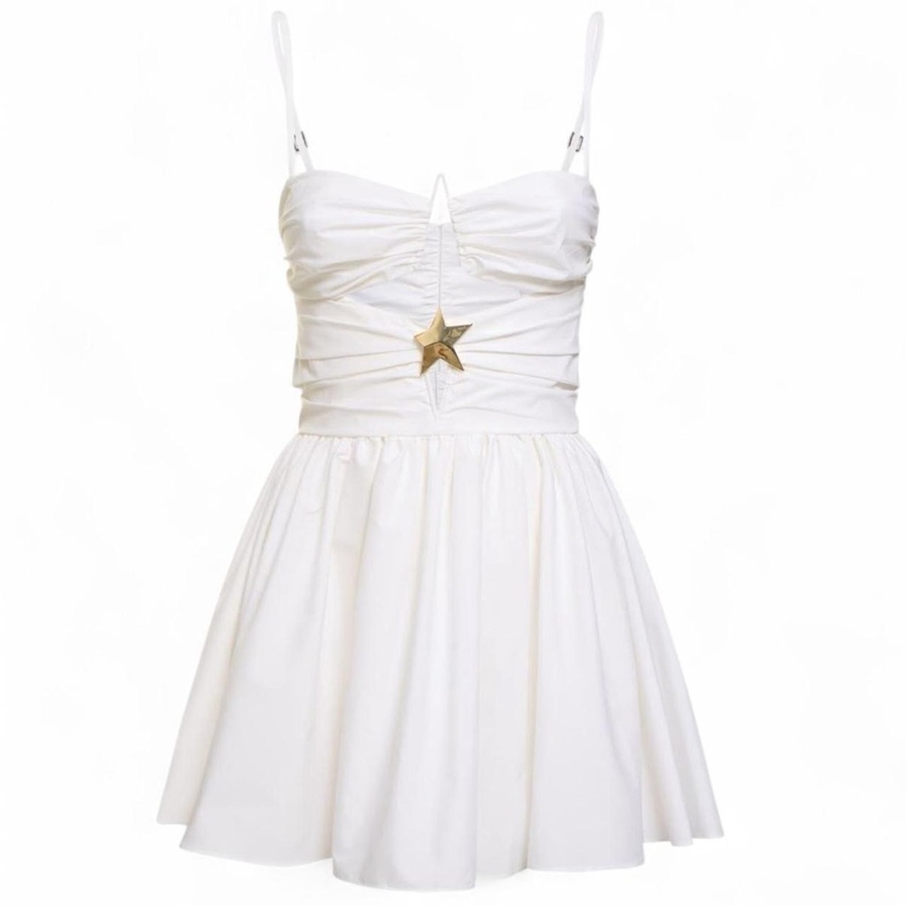 AREA gathered cotton blend White mini dress with gold star detail